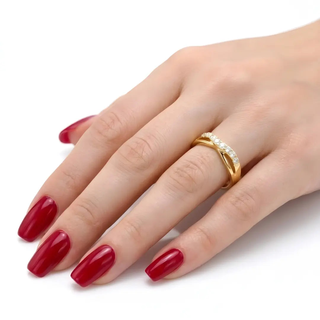 18K Gold Filled Layered Wave Diamond Ring – Crisscross Pavé CZ Band